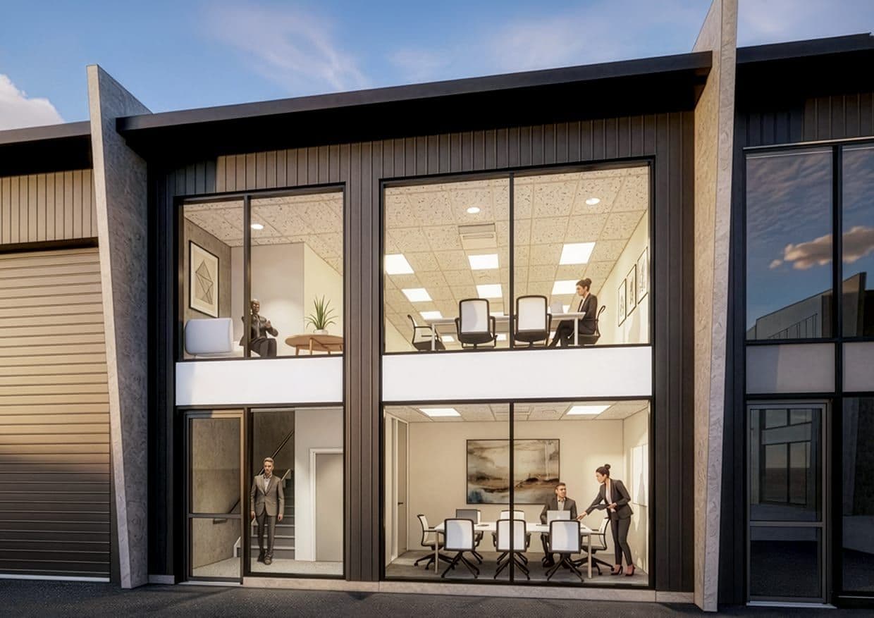 Render of the completed two-level office fitout at 8 Toorea St, Junction Worx, Papamoa