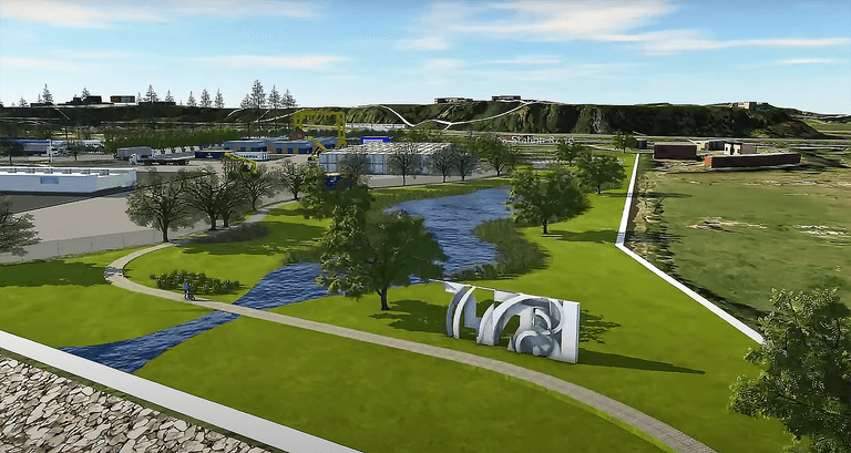 Render of the Te Puna Business Park stream corridor: a planted swale and walkway through lawn with sculpture, industrial lots behind