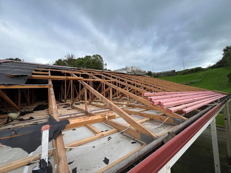 New roof framing in place at Maungatapu Marae during storm remediation works