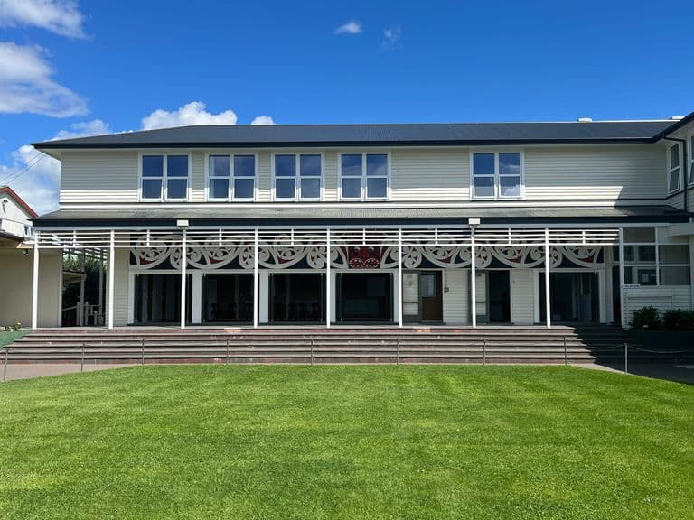 The refurbished hostel at St Joseph’s Māori Girls’ College in Napier, with carved panels along the verandah