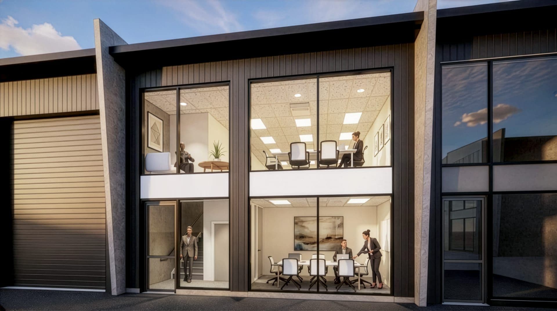 Architectural render of a two-storey commercial unit with glazed offices above a roller door